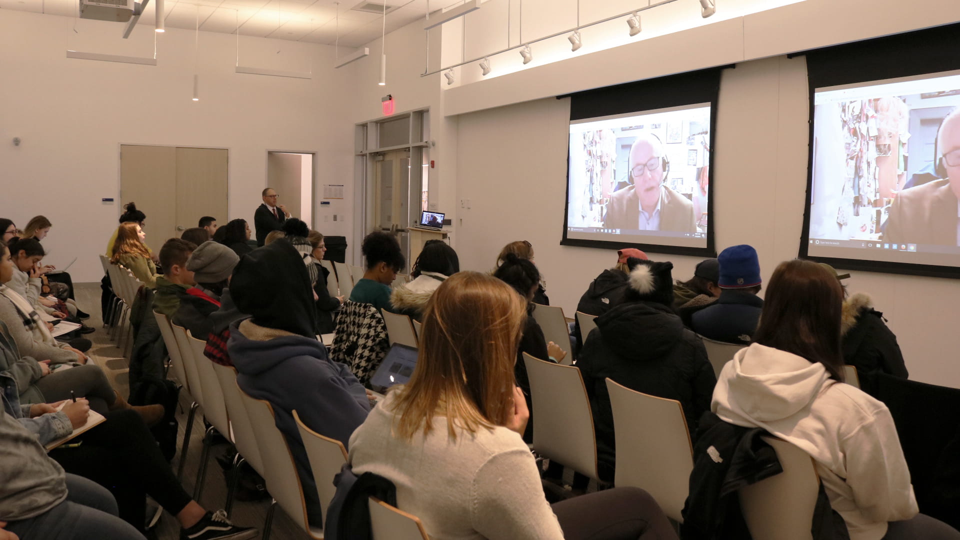 Alex Neve of Amnesty International Canada Skyped in from Ottawa to talk with JWU Political Science students about global human rights, refugees and the current political landscape