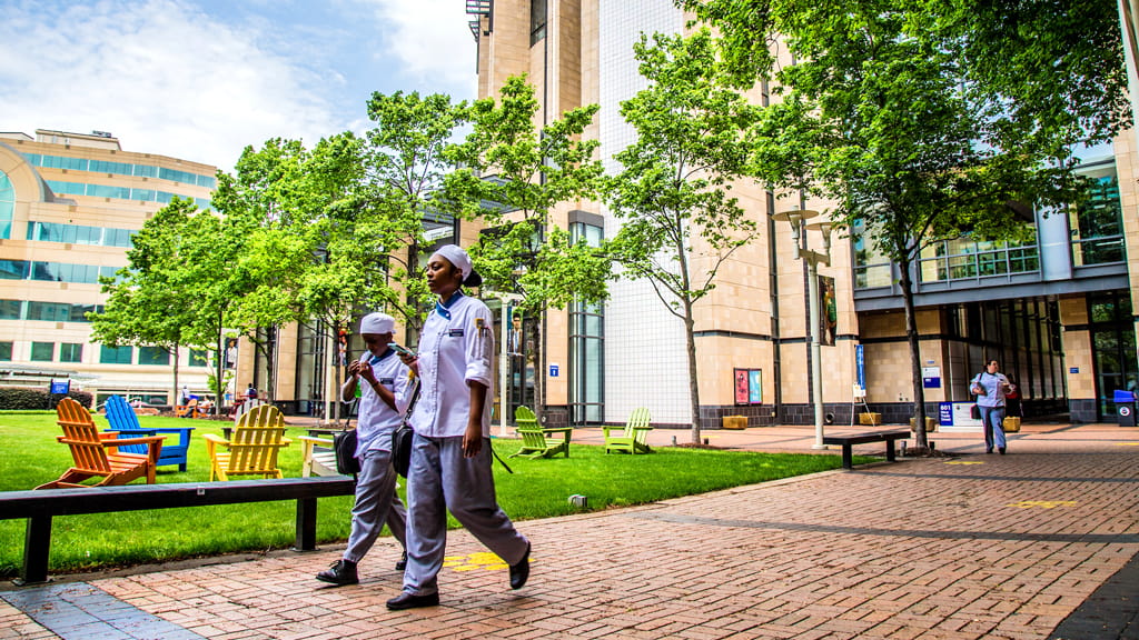 Charlotte culinary students walking across the quad.