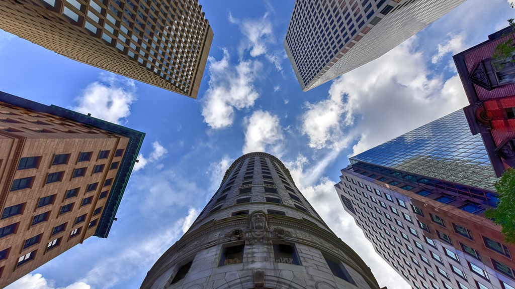 Worms-eye view looking up towards buildings in Downtown Providence