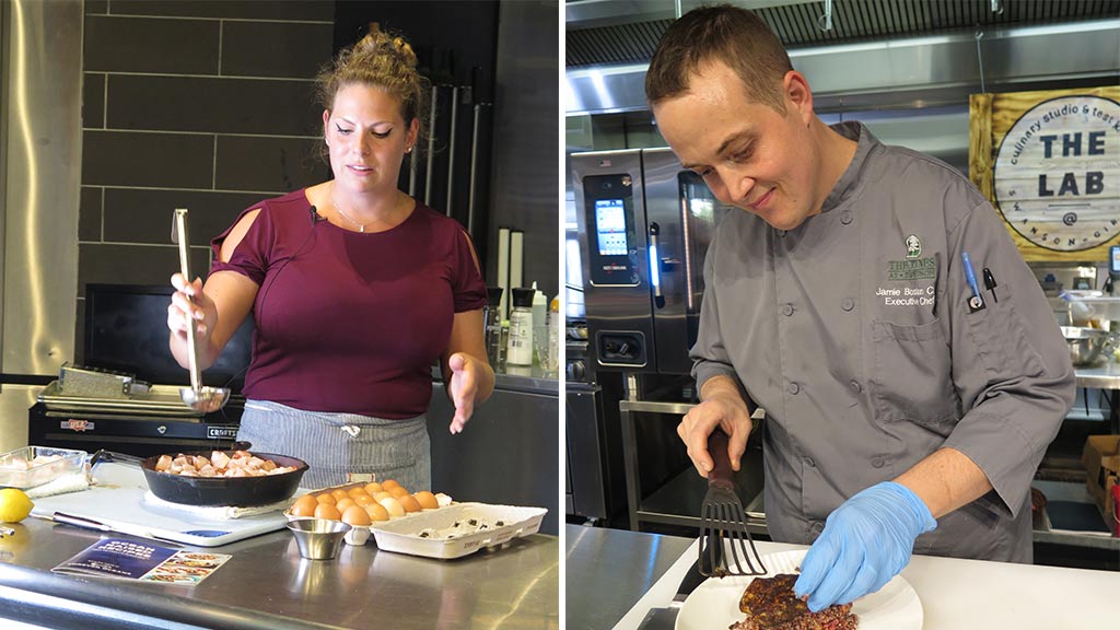 Left: Amanda Messick cooking. Right: Jamie Bostian cooking