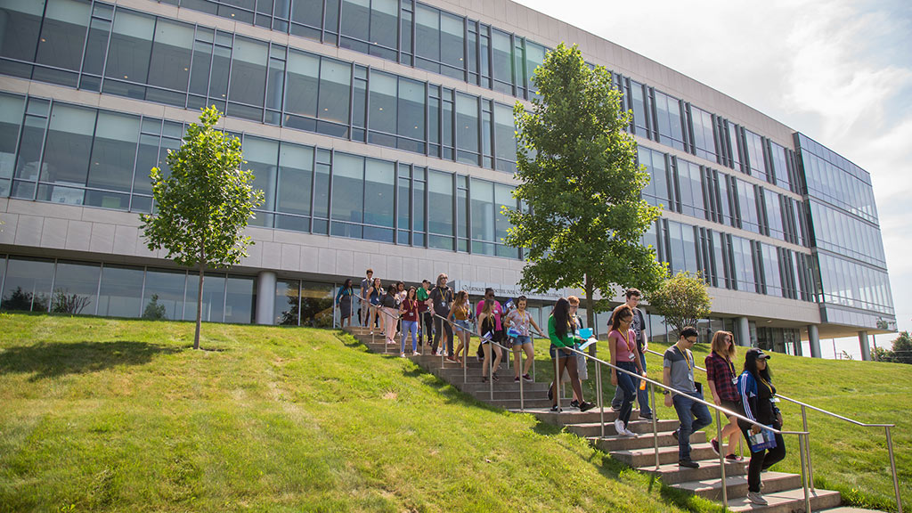 A group of students on a tour of JWU Harborside during Orientation