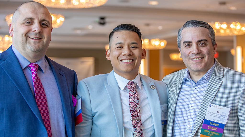 G.O.L.D. Alumni Award winner Geo Lanez, C.E.C. '12, '14 MBA, center, flanked by Professor Ray McCue, WCMC '01, '11 M.Ed. (left) and CFIT Assistant Dean TJ Delle Donne '04, '07 M.A.T. (right)