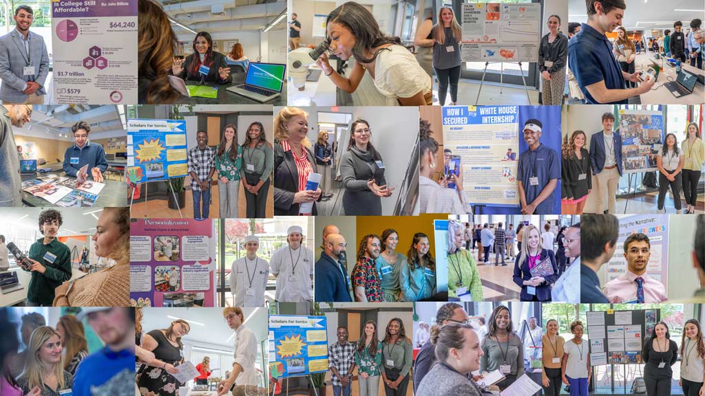 a photo collage showing various scenes from the 2024 student symposium in both Providence and Charlotte