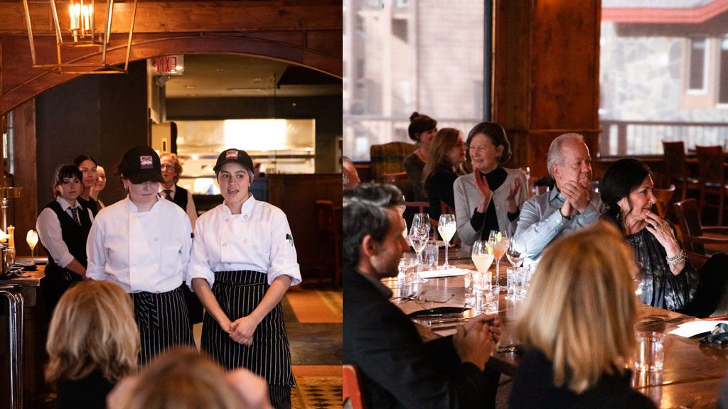 a photo collage of two young women presenting to a room, left, and diners seated at table clapping, right