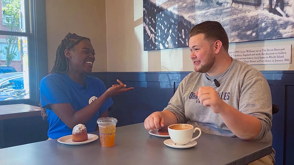 Regina Ware ’27 and Gavin Hoy ’27 enjoy pastries at Seven Stars Bakery on Point Street.