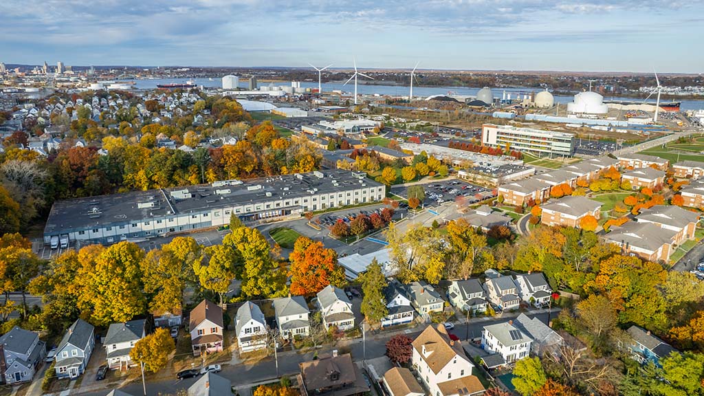 An aerial view of Harborside Campus and the surrounding neighborhood