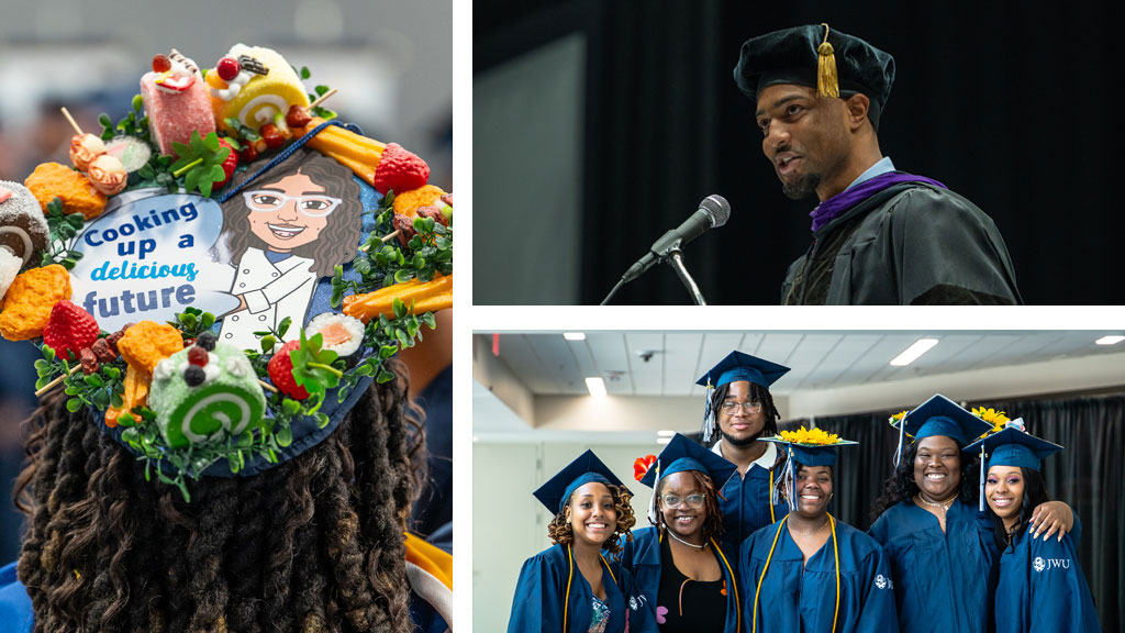 Collage of moments from Charlotte Commencement: Decorated mortarboard, alum speaker Joshua Gilliard '20 and a row of faculty members.