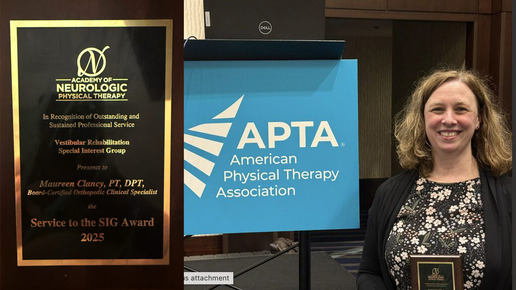 photo collage of Maureen Clancy and her award