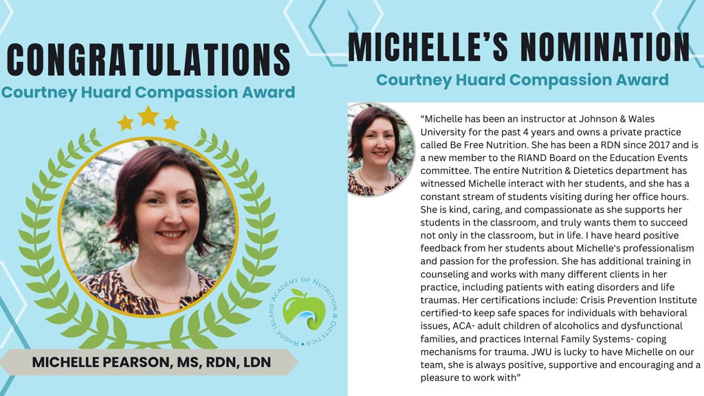 collage of PowerPoint screenshots congratulating Michelle Pearson on her award