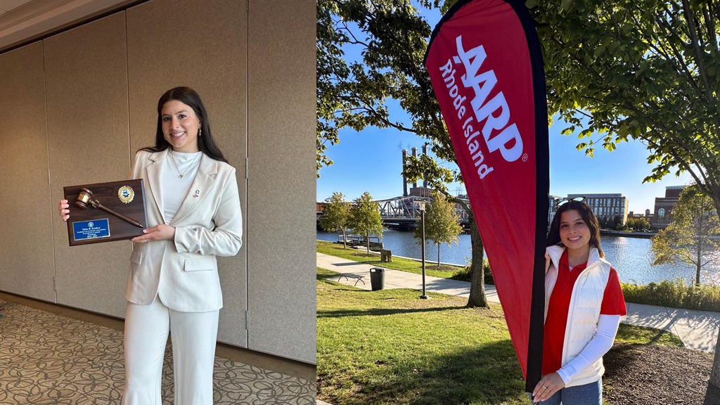 Mila winning a Student Government Association recognition (in left photo) and captured in an action shot for her AARP advocacy job (right photo)