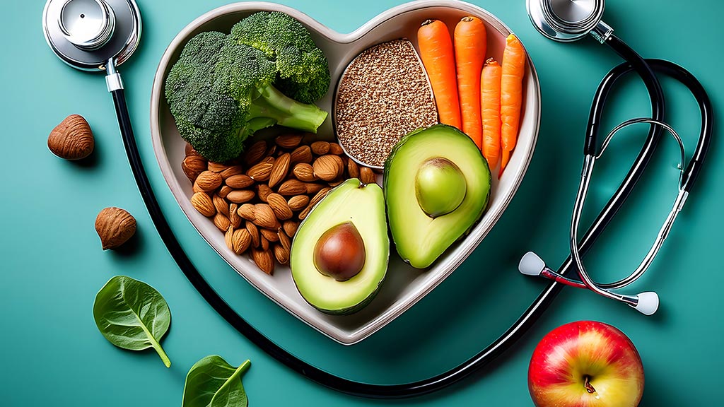 stock photo of food in a heart-shaped bowl paired with stethoscopes