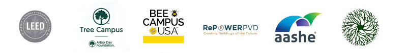Sustainability logos include LEED Certification, TreeCampusUSA, Bee Campus USA, RePower PVD, Association for Advancement of Sustainability in Higher Education (AASHE) and the Providence Neighborhood Planting Program (PNPP). 